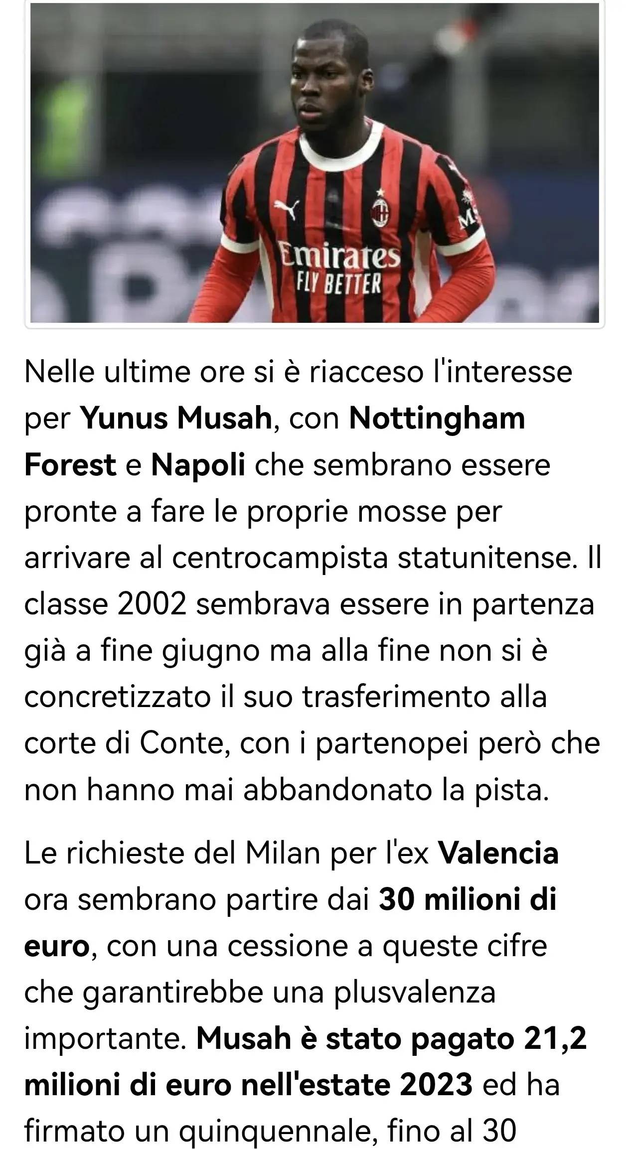 意甲媒体透露：由于诺丁汉森林和那不勒斯均对穆萨感兴趣，米兰已设起步价3000万欧，价高者得