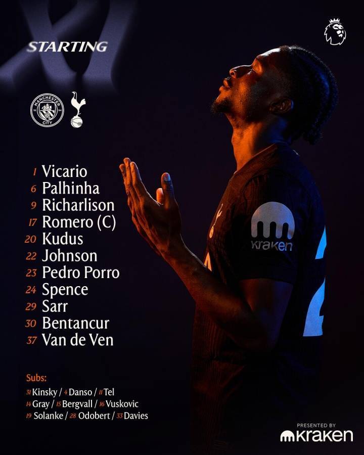 曼城vs热刺首发：哈兰德PK理查利森，马尔穆什先发，库杜斯出战